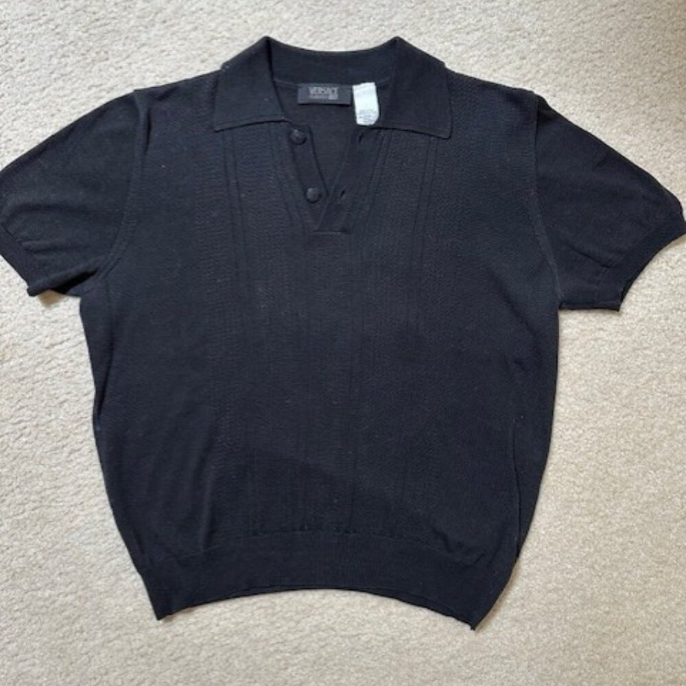 90's Versace Black Ribbed Short Sleeve Polo